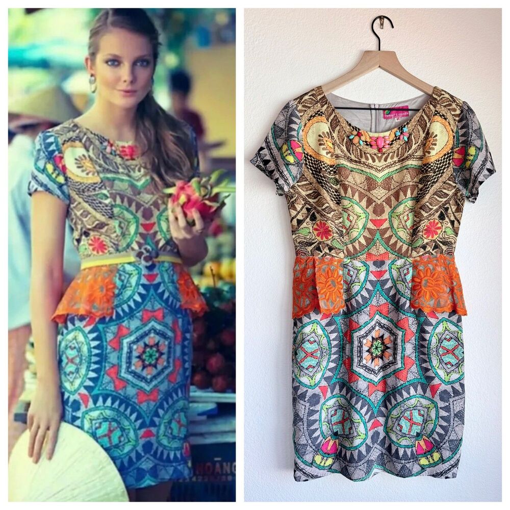 Anthropologie Hemant & Nandita Sunchart Peplum Narcis Dress Neon Multi Size 8